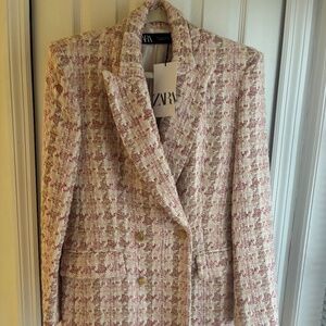 Zara NWT  Tweed Large  Blazer Double Breasted Pink, Sparkly red, Cream and Gold